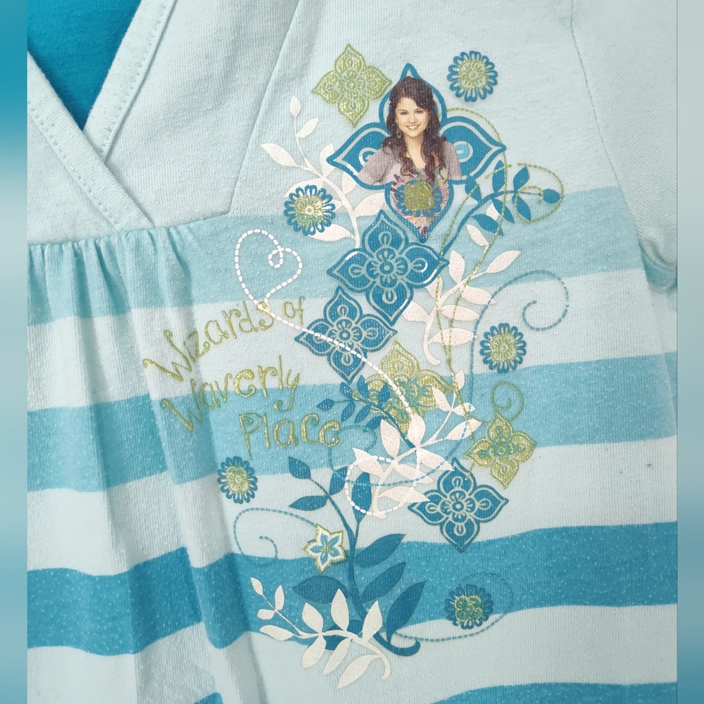 Disney Wizards Of Waverly Place Aqua and Teal Striped Hooded T Shirt Girls XL - Picture 3 of 8